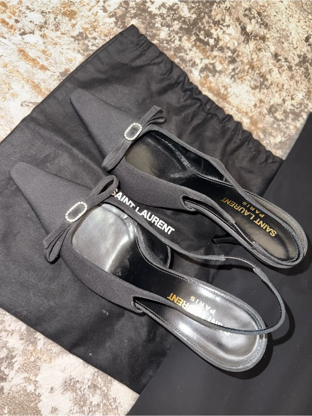 Saint Laurent Black Bow Slingback Heels with Crystal Buckle
